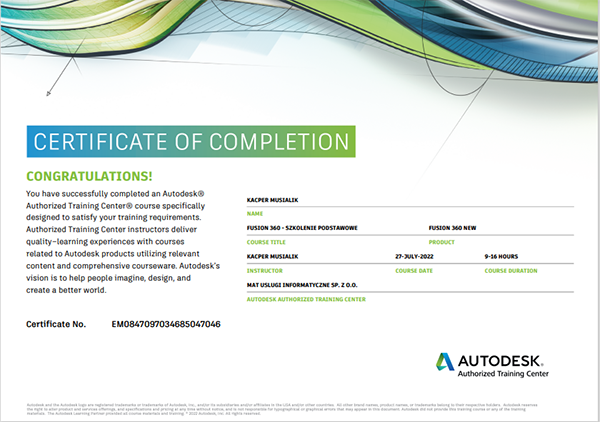 Fusion 360 certyfikat ATC