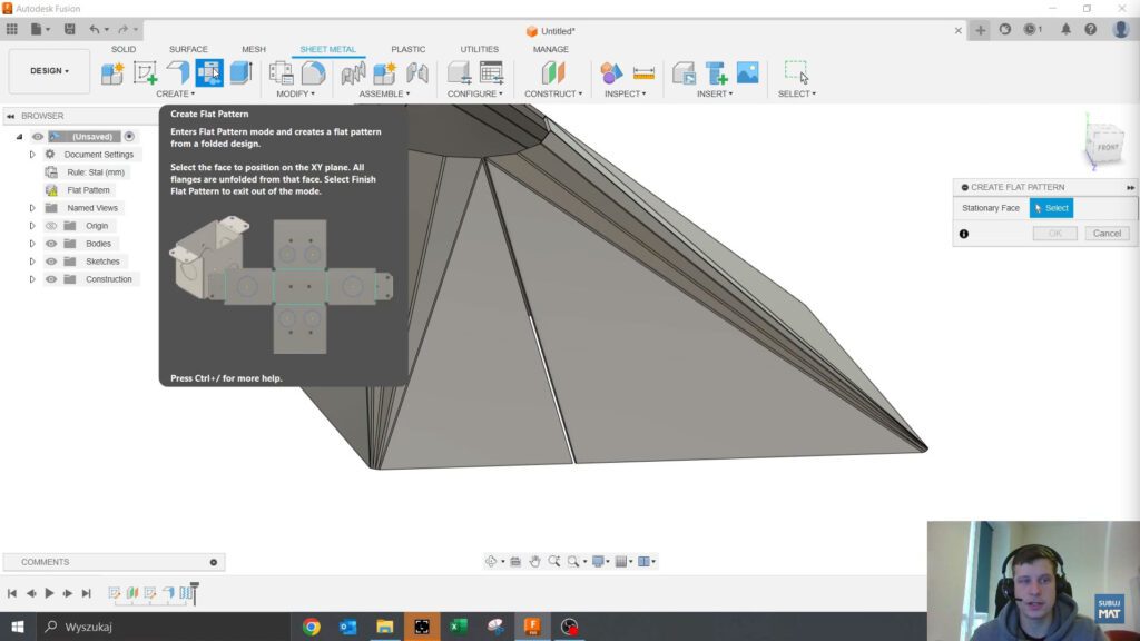 Generowanie rozwinięcia płaskiego w Fusion 360 dla elementu HVAC, przedstawiające proces tworzenia modelu blachowego gotowego do produkcji.