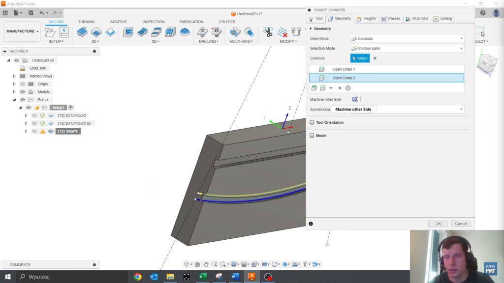 Korygowanie kąta w strategii Swarf w Fusion 360, umożliwiające precyzyjne dostosowanie nachylenia narzędzia do obrabianej powierzchni w procesie wieloosiowym.