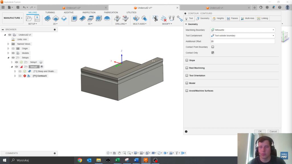 Ustawienie opcji "Tool Outside" w strategii Contour w Fusion 360, umożliwiające narzędziu operowanie na zewnątrz detalu w procesie obróbki CNC