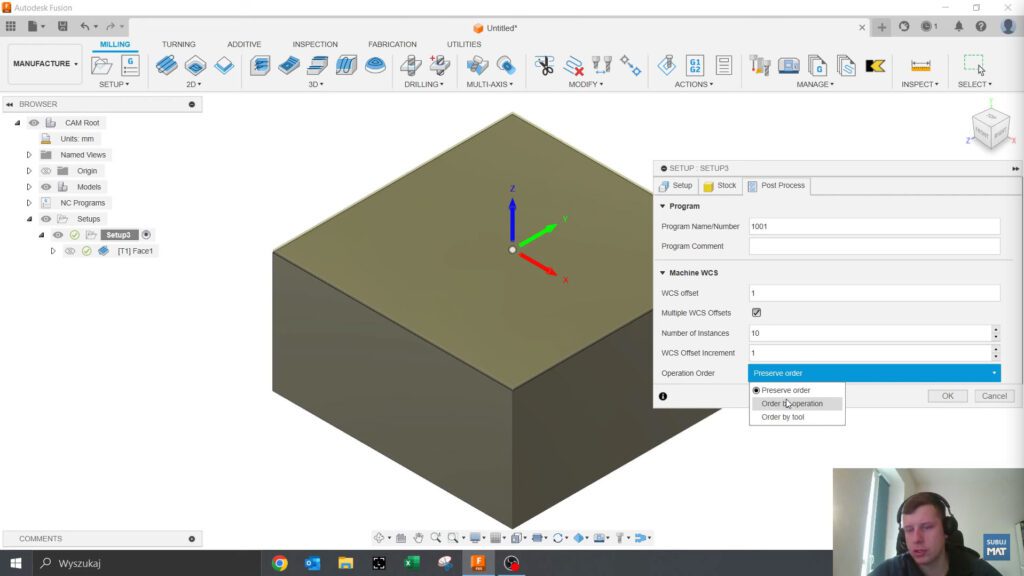 Wybór kolejności operacji w Fusion 360 dla wielu detali.