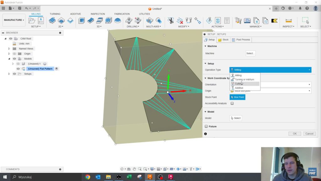 Programowanie lasera w Fusion 360, pokazujące konfigurację obróbki elementu blachowego za pomocą modułu CAM.