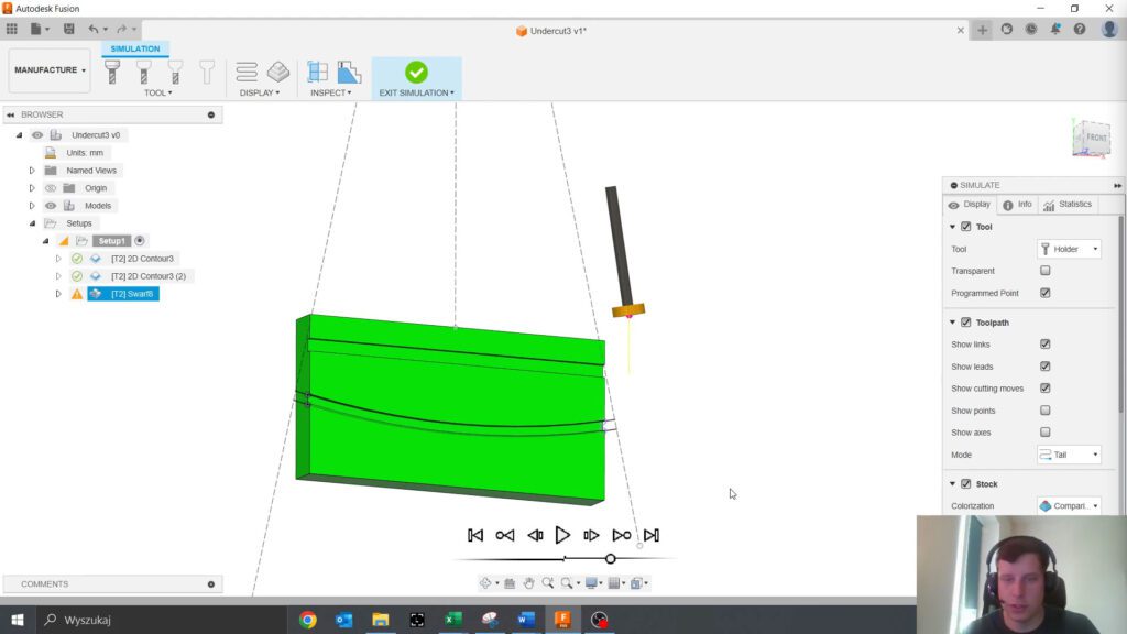 Symulacja strategii Swarf w Fusion 360, przedstawiająca ruch narzędzia wzdłuż precyzyjnie zdefiniowanych ścieżek obróbki wieloosiowej.