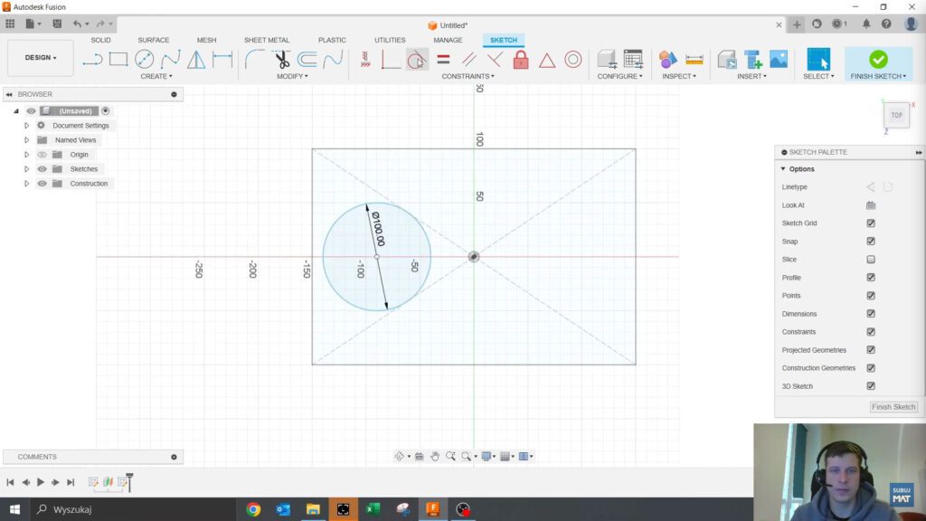 Szkic profilu prostokątnego i okrągłego w Fusion 360, przedstawiający elementy bazowe niezbędne do stworzenia komponentu HVAC łączącego kanał prostokątny z rurą okrągłą.
