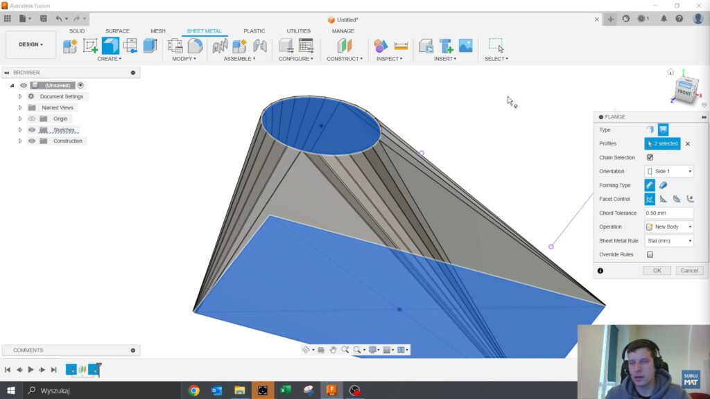Tworzenie kołnierza w Fusion 360 za pomocą funkcji Flange, ilustrujące proces łączenia profilu prostokątnego z okrągłym dla elementu HVAC.