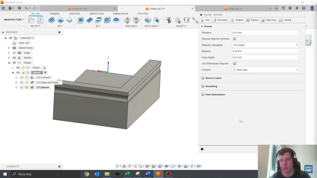 Ustawienia On Surface w strategii Blend w Fusion 360, pozwalające na precyzyjne określenie sposobu obliczania kroku narzędzia na powierzchni.