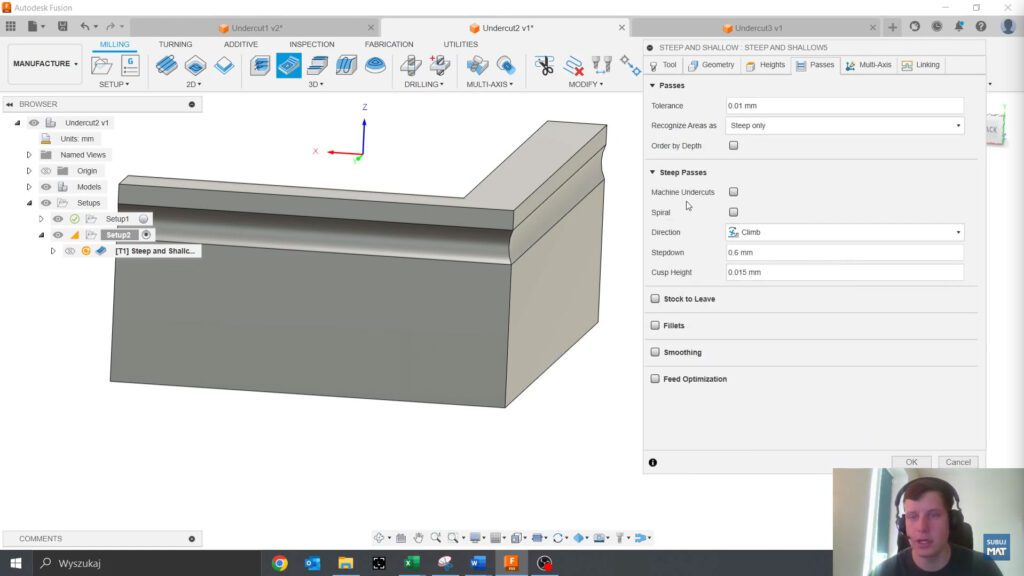 Włączenie opcji Machine undercuts w zakładce ustawień obróbki w Fusion 360, umożliwiającej narzędziu pracę w obszarach podcięć