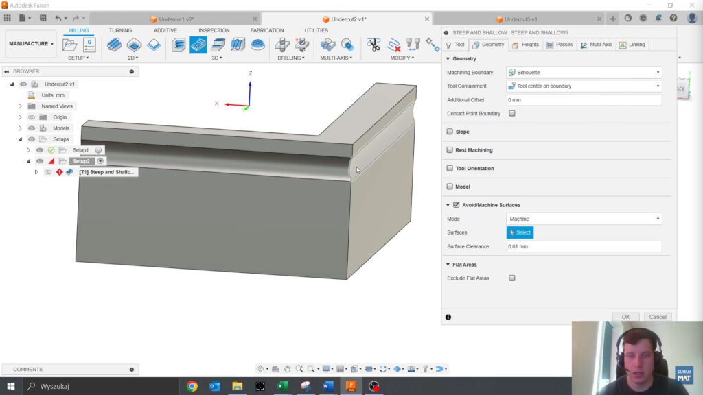 Zrzut ekranu przedstawiający wskazanie powierzchni do obróbki w zakładce Geometria w Fusion 360