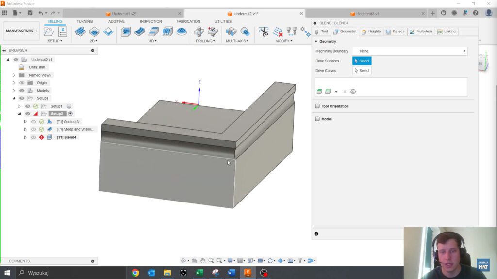 Wybór Drive Surfaces i Drive Curves w strategii Blend w Fusion 360, aby precyzyjnie zdefiniować powierzchnie i krawędzie do obróbki.