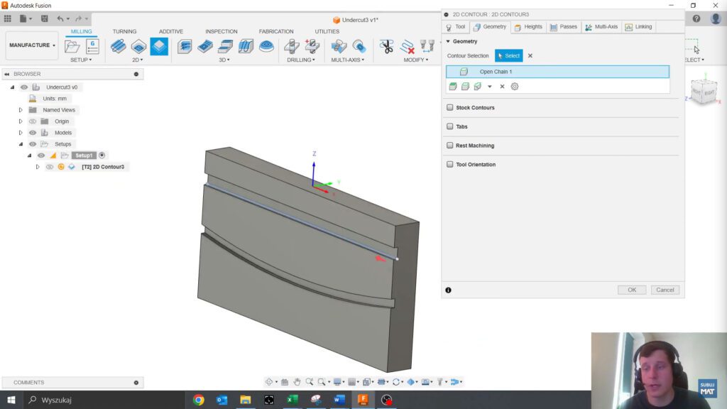 Wybór narzędzia i zaznaczenie konturu podczas operacji 2D Contour w Fusion 360, przedstawiający proces konfiguracji narzędzia i geometrii dla precyzyjnej obróbki.