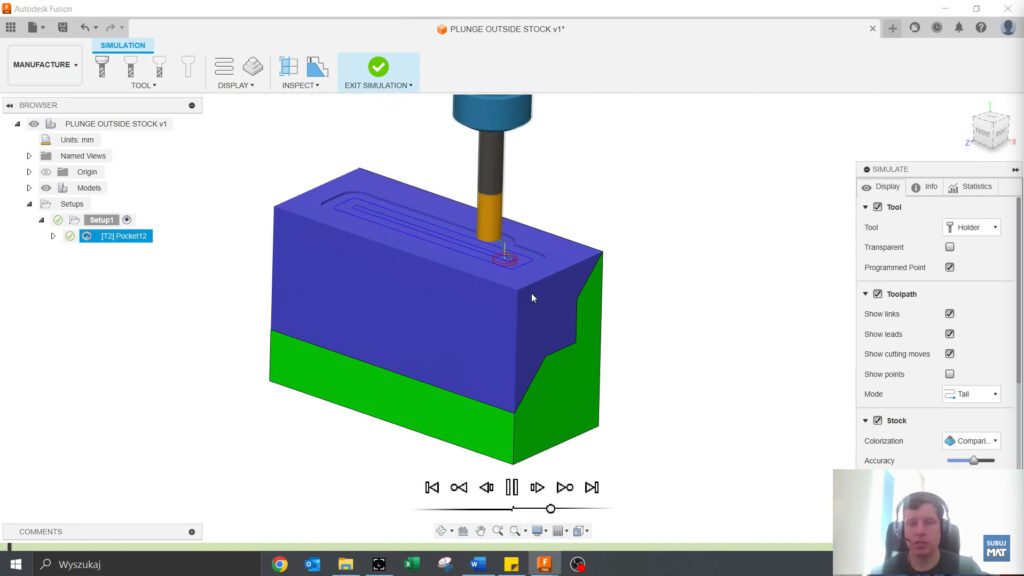 agłębianie narzędzia ruchem spiralnym w Fusion 360, ilustrujące proces obróbki kieszeni za pomocą strategii Pocket Clearing.