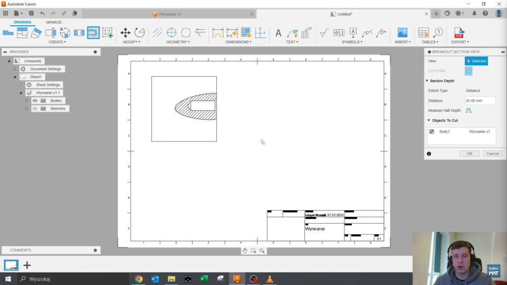 Obrazek: Rysowanie obszaru wyrwania w Fusion 360.