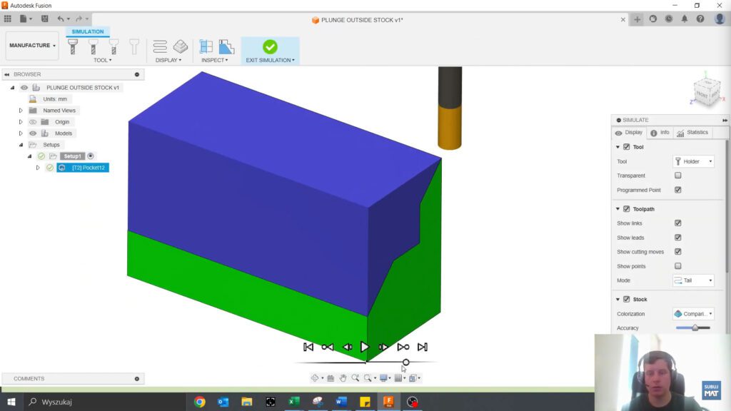 Finalna symulacja zagłębiania narzędzia poza materiałem w Fusion 360, pokazująca prawidłowe działanie ścieżki narzędzia.