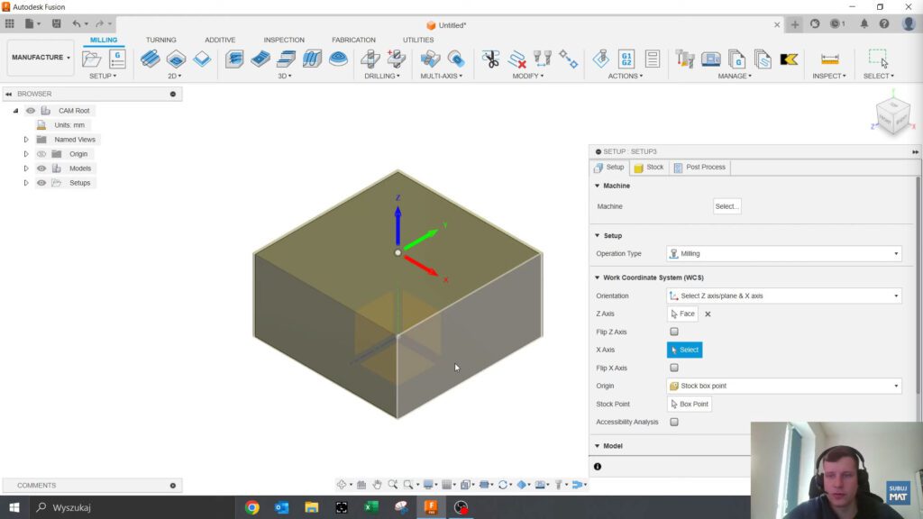 Przykład konfiguracji układu współrzędnych w Fusion 360.