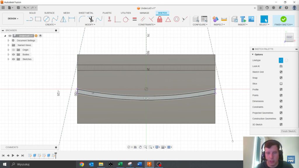 Tworzenie własnych ścieżek obróbki w zakładce Design w Fusion 360, pokazujące proces rysowania niestandardowych linii i łuków do precyzyjnego sterowania ruchem narzędzia CNC.