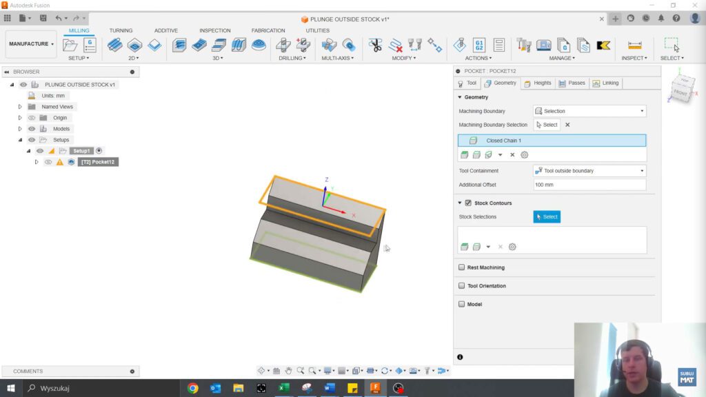 Włączanie opcji Stock Contours w Fusion 360 w celu zdefiniowania konturów półfabrykatu.
