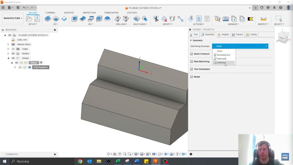 Wybór konturu w Fusion 360 w celu ograniczenia obszaru obróbki narzędzia.