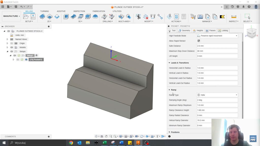Wybór opcji „Plunge Outside Stock” w Fusion 360 dla zagłębiania narzędzia poza obszarem półfabrykatu.