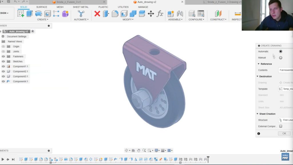 Widok automatycznie wygenerowanego rysunku złożeniowego w Fusion 360, zawierającego tabelę części i wymiary