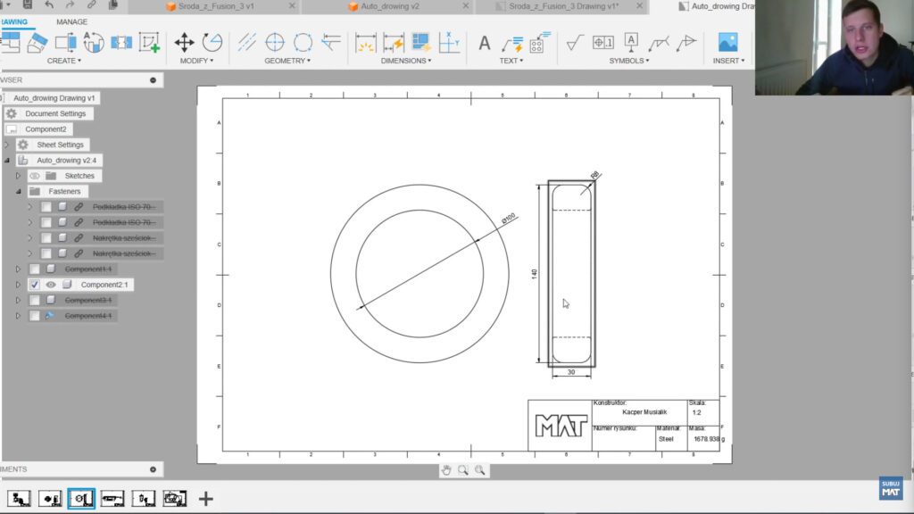 Przykład rysunku technicznego w Fusion 360, na którym brakuje widoku przekrojowego w automatycznie wygenerowanym rysunku.