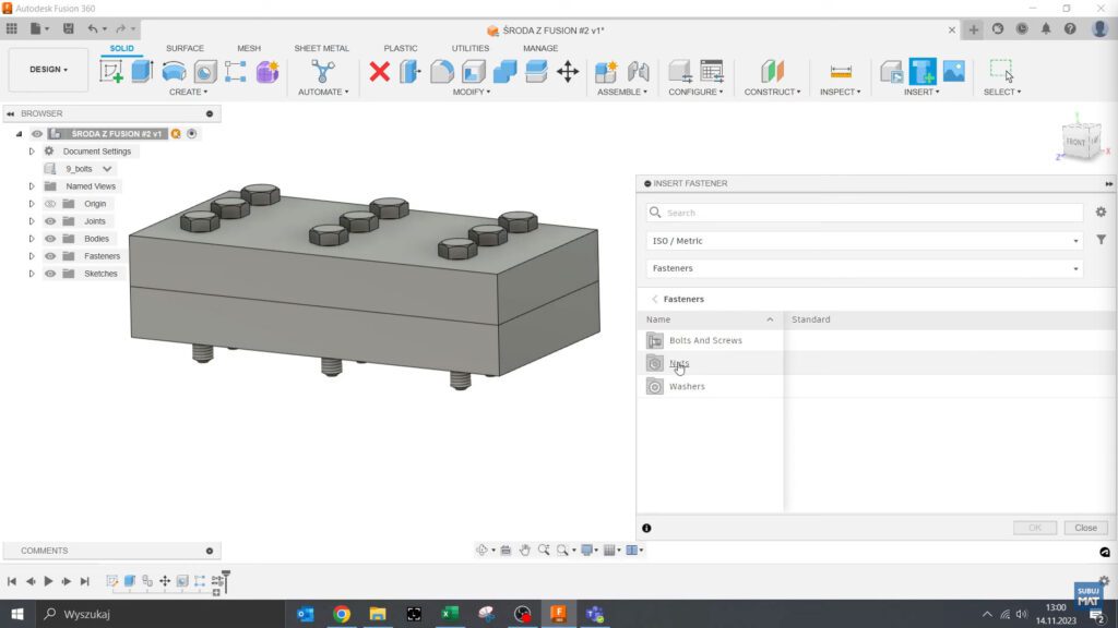 Dodawanie nakrętki do śruby w Fusion 360