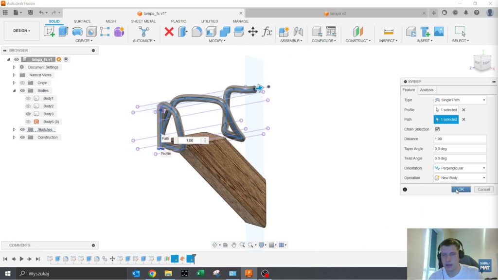 "Obraz przedstawiający dostosowanie przewodu i belki w Fusion 360, z nałożonym kolorem na przewód oraz usunięciem kolizji między elementami za pomocą narzędzia Combine."