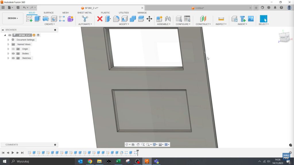 Model uniwersalnych drzwi w Fusion 360 z możliwością zmiany liczby wnęk i okienek oraz wyboru strony zawiasów