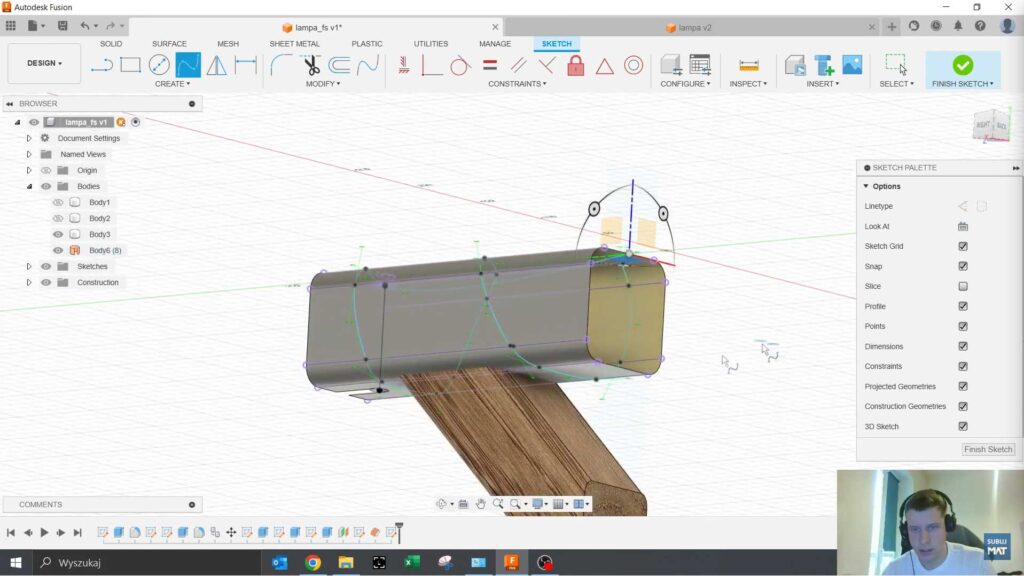 "Obraz pokazujący proces modelowania przewodu w Fusion 360 za pomocą funkcji Sweep, wykorzystującej wcześniej utworzony profil i ścieżkę, aby stworzyć realistyczny model przewodu oplatającego belkę."