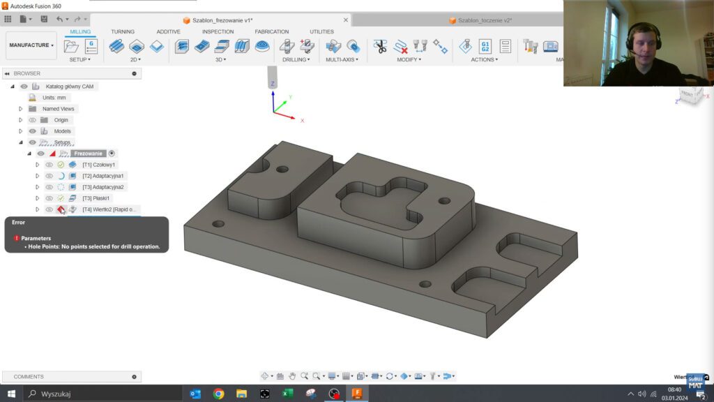 Edycja operacji wiercenia w Fusion 360