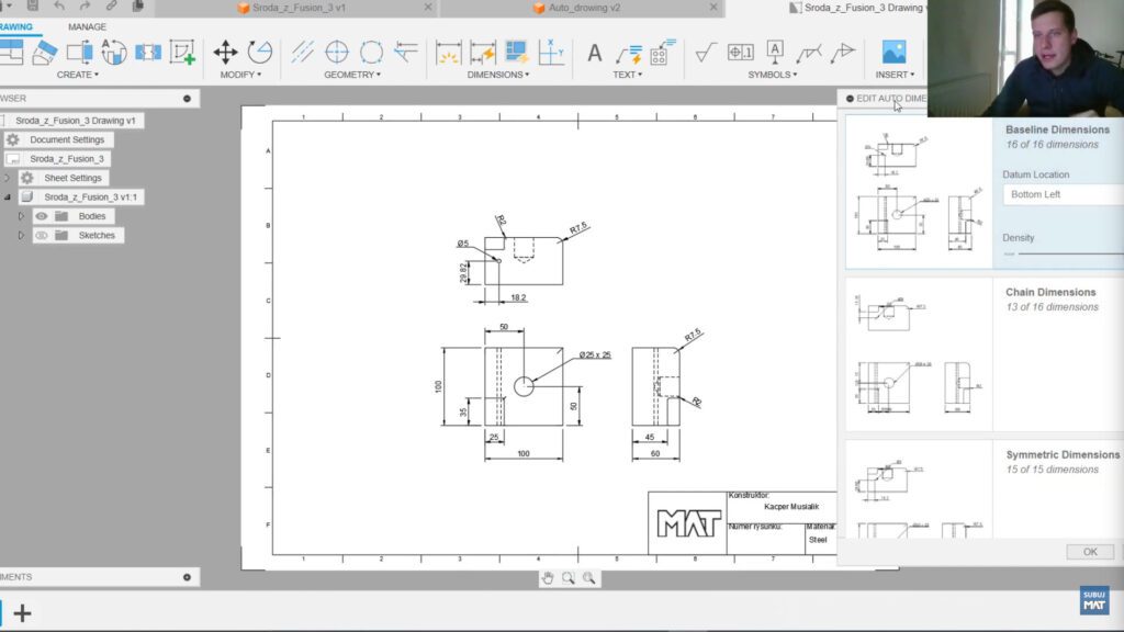 Panel edycji wymiarów w Fusion 360, pozwalający na dostosowanie stylów wymiarowania i ilości wymiarów.