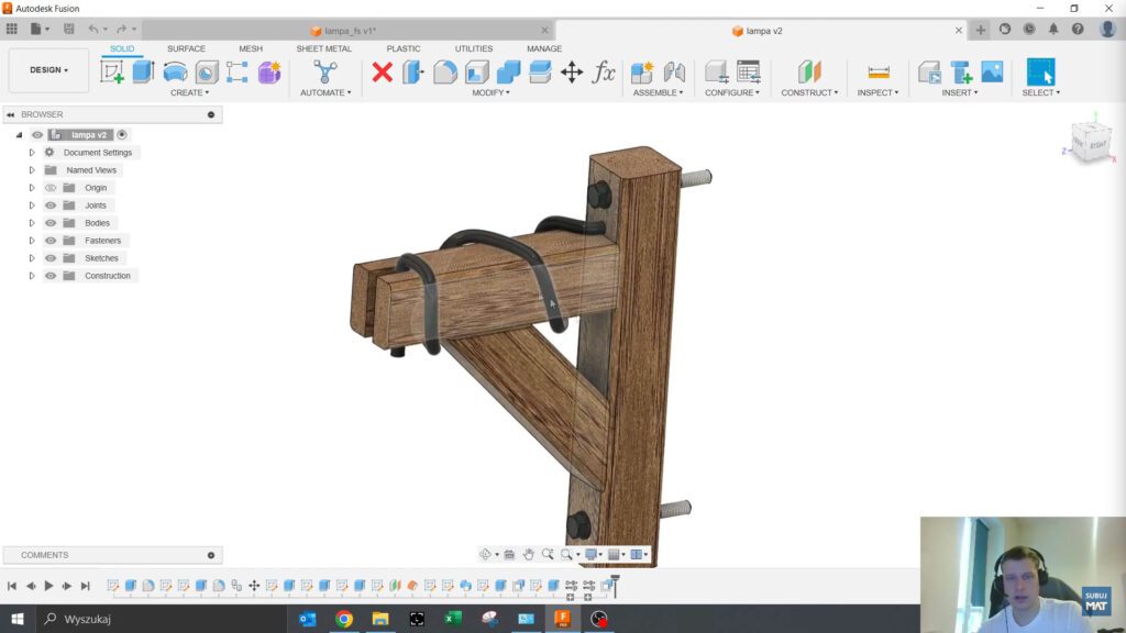 "Ilustracja przedstawiająca podstawowe elementy modelowania przewodu w Fusion 360, takie jak profil przewodu i ścieżka biegu przewodu wokół belki."
