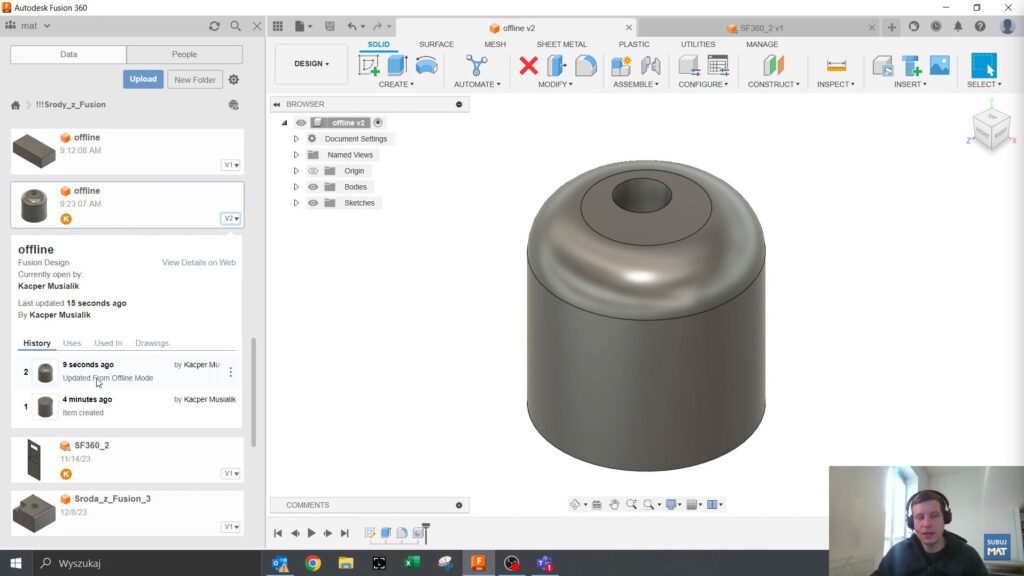 Obrazek: Praca offline w Fusion 360 wymaga wcześniejszego zapisania plików.