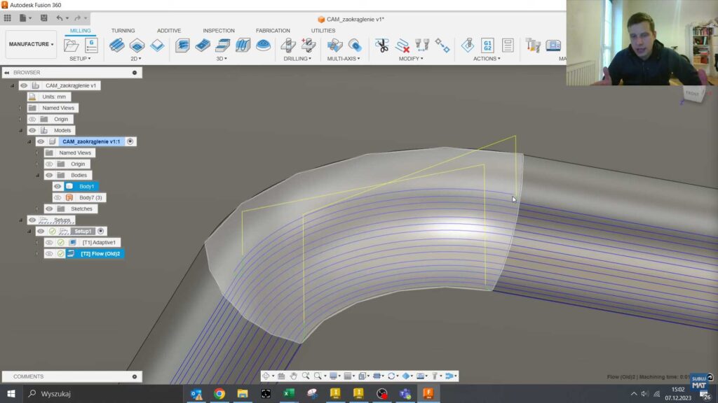 Stara wersja strategii Flow w Fusion 360, prezentująca problemy z płynnością przejść między powierzchniami.