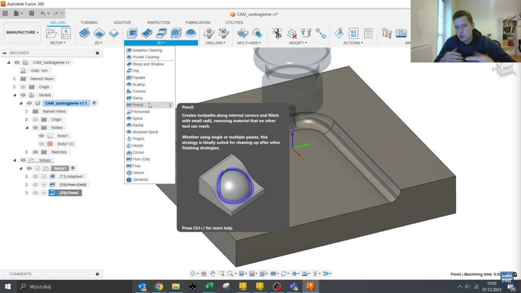 Strategia 3D Pencil w Fusion 360, wykorzystana do wykańczania zaokrągleń na modelu.