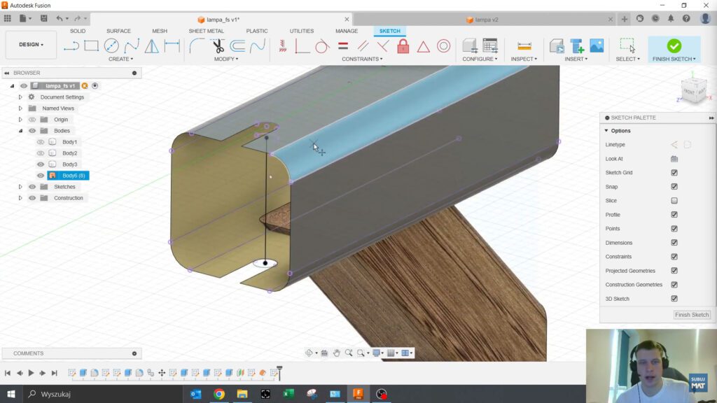 "Obraz przedstawiający proces tworzenia ścieżki przewodu w Fusion 360, wykorzystujący funkcję szkicu 3D i definiowanie punktów kontrolnych na powierzchni, aby precyzyjnie poprowadzić przewód wokół belki."