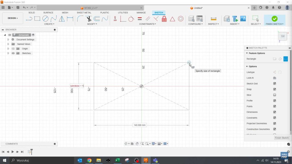 Proces tworzenia szkicu w Fusion 360 – prostokąt z okręgiem na środku.