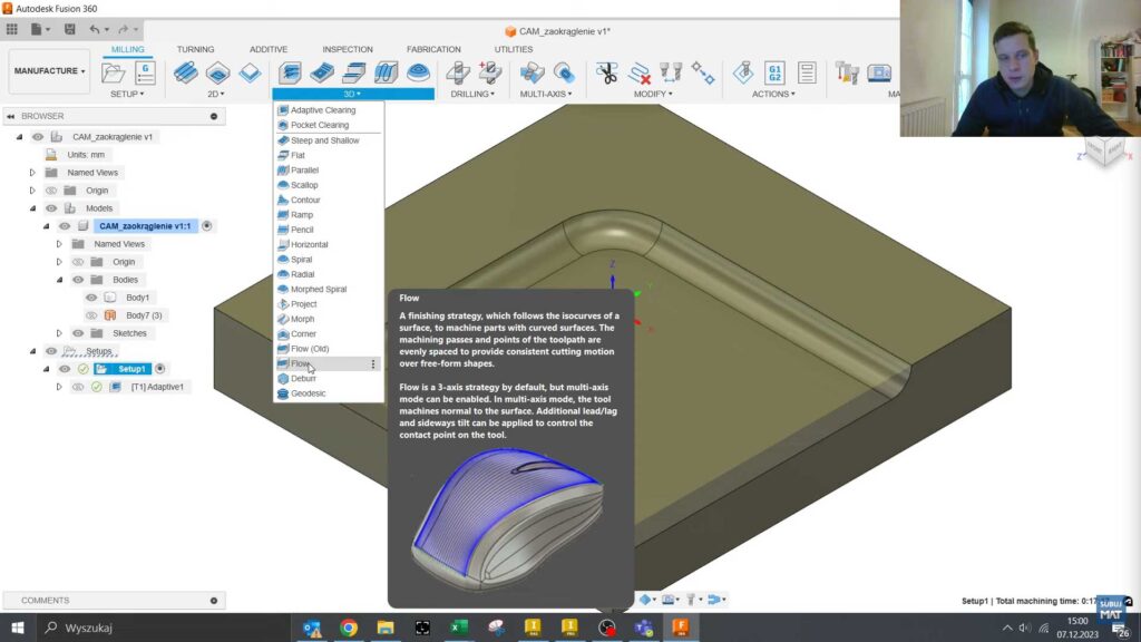 Ekran ustawień Fusion 360 w zakładce Preferences, gdzie włącza się opcjonalną strategię Flow.
