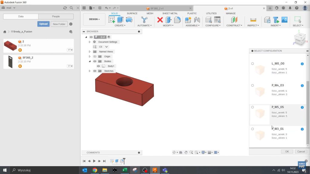 Interfejs Fusion 360 podczas wyboru konfiguracji modelu drzwi przy wstawianiu do złożenia.