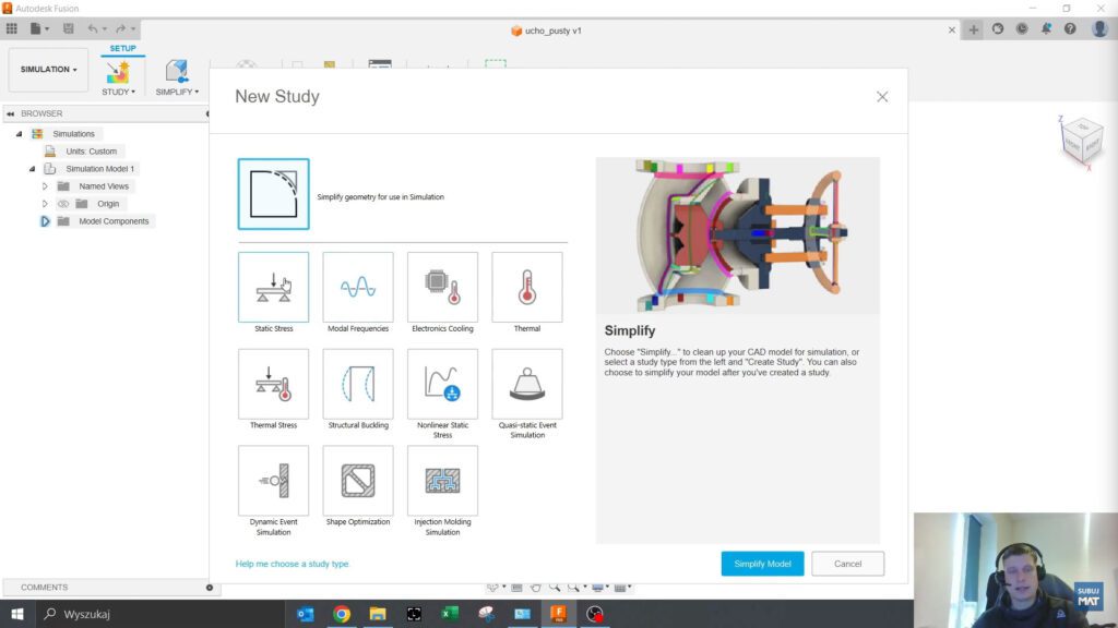 Wybór typu analizy w Fusion 360