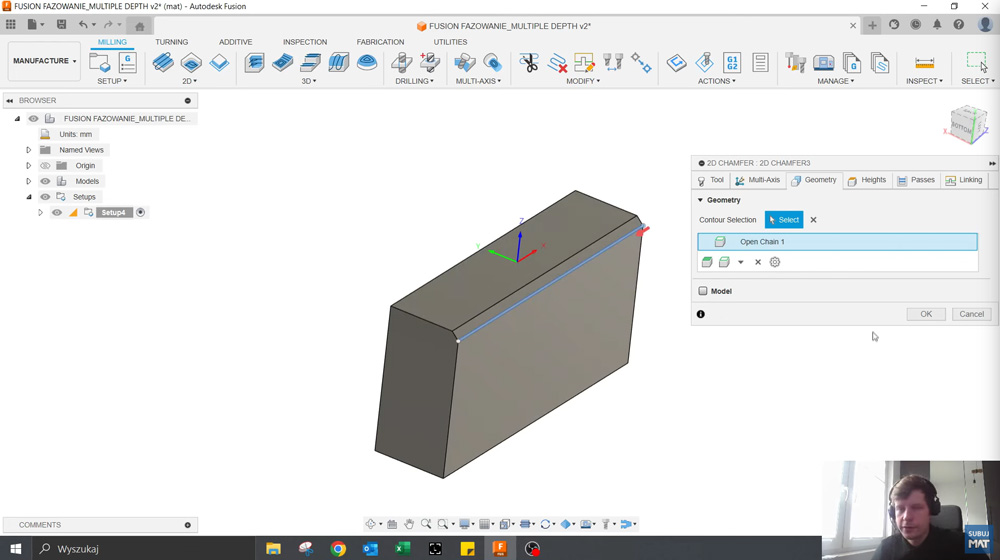 Konfiguracja operacji 2D Chamfer w Fusion – wybór fazownika 45° i krawędzi