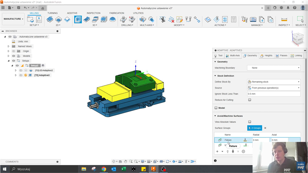 3D Adaptive Clearing w Fusion z aktywnymi Fixture Surfaces – unikanie kolizji z imadłem