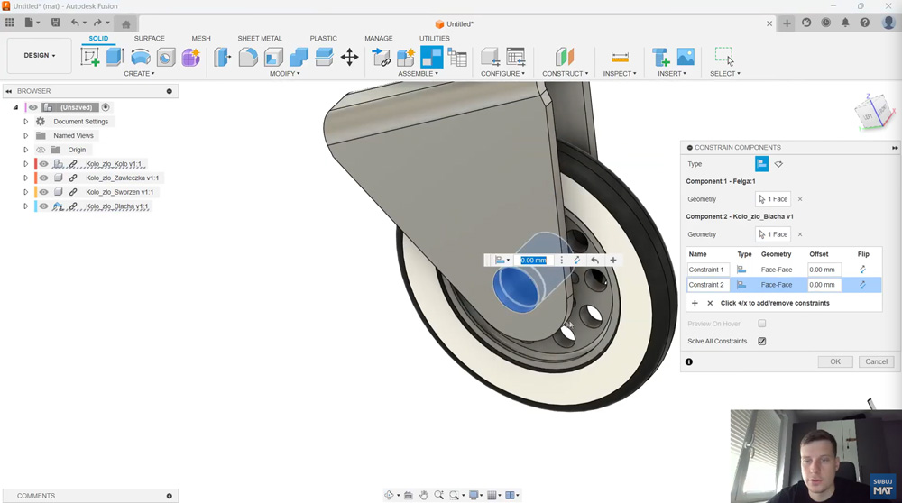 Użycie Constrain Components w Fusion – dopasowanie powierzchni i osi