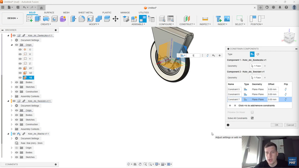 Ustawienie zawleczki z offsetem w Constrain Components