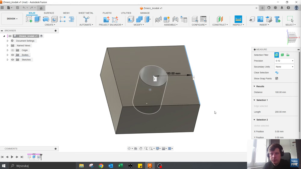 Pomiar odległości środka otworu od krawędzi w Fusion z użyciem Ctrl i Snap Points