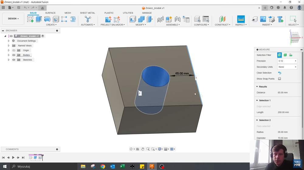 Pomiar krawędzi i otworu w Fusion – standardowe narzędzie Measure bez punktu środka