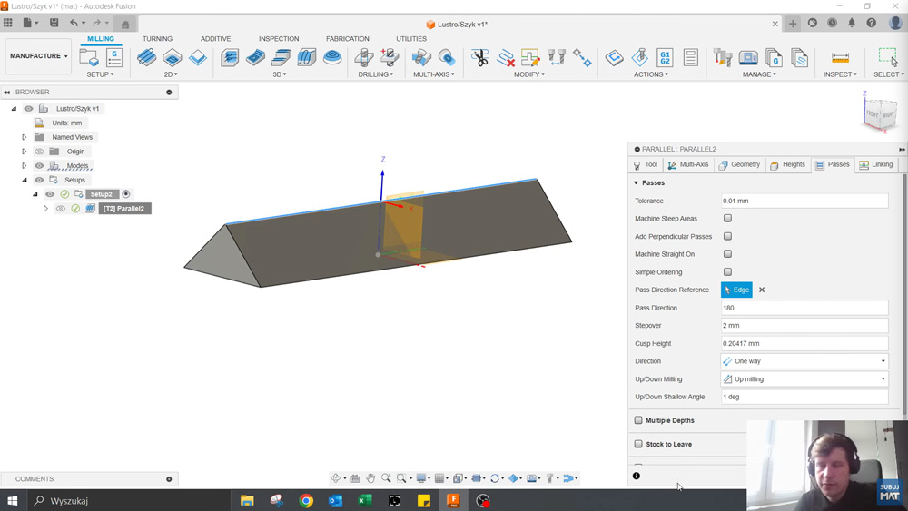 Ustawienie strategii 3D Parallel w Fusion z kierunkiem One Way i kątem 180 stopni
