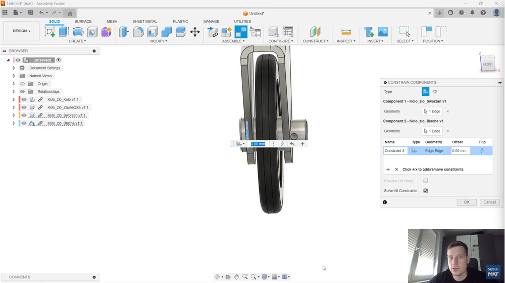 Dopasowanie sworznia i blachy w Fusion za pomocą Constrain Components