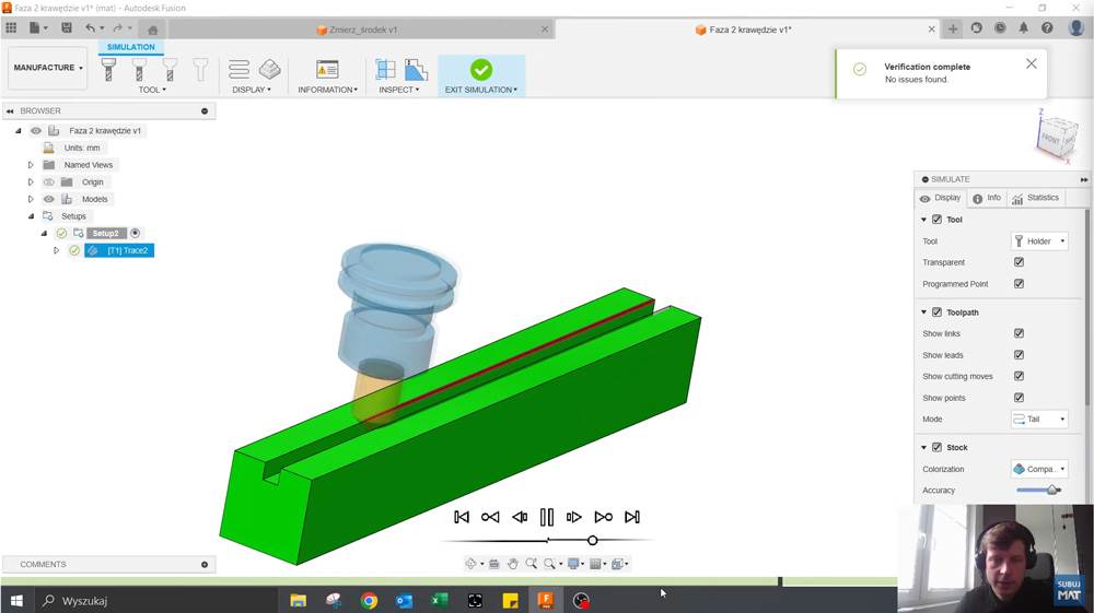 Symulacja obróbki w Fusion – dwie symetryczne fazy w rowku w jednym przejściu