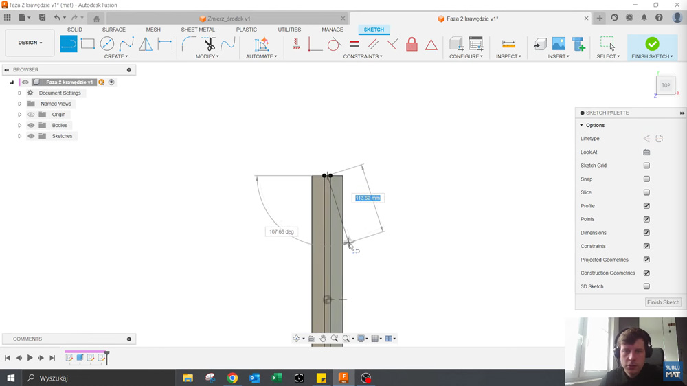 Tworzenie szkicu z linią przez środek rowka w Fusion – przygotowanie ścieżki dla fazownika