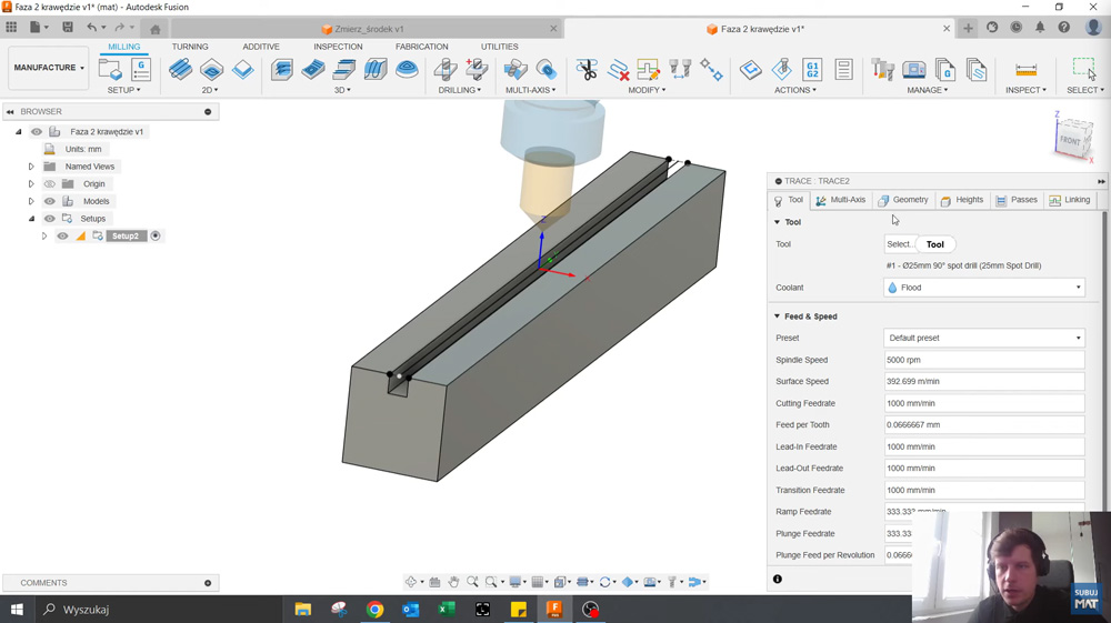 Ustawienie strategii Trace z kompensacją Center i fazownikiem 25 mm w Fusion